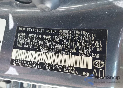 2015 Toyota Corolla Le из США, поврежденный, VIN 2T1BURHE9FC339419